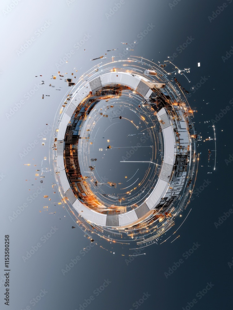 Poster a futuristic digital design featuring a circular structure with dynamic elements, glowing accents, a