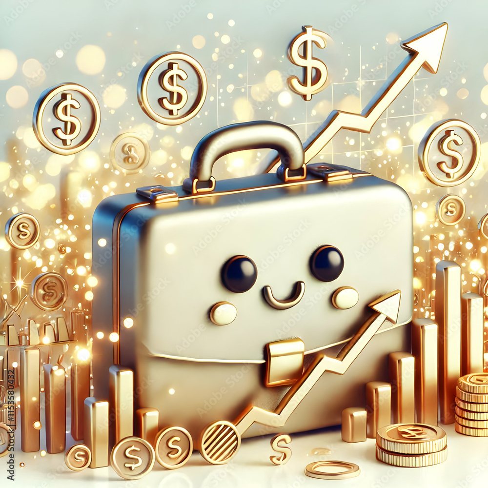 Poster 3d soft bokeh briefcase with market growth symbol concept as a soft bokeh background with a floating