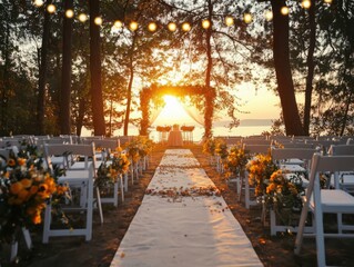 Dreamy sunset wedding ceremony outdoor location floral decor glowing atmosphere scenic viewpoint