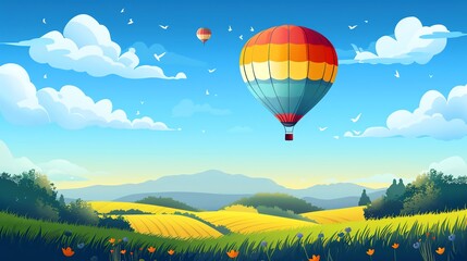 Fototapeta premium A cartoon illustration of a hot air balloon flying over a landscape with hills and a blue sky.