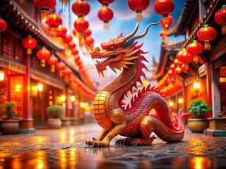Fototapeta premium Red Dragon Figurine & Lanterns: Chinese New Year Symbol of Good Fortune