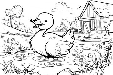 Cute goose on the farm, kids coloring page. Simple black and white outline illustration, ideal for children's farm-themed coloring activities.