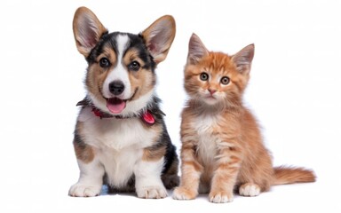 Obraz premium A cute Welsh Corgi puppy and a red kitten sitting together on a white background, creating an adorable animal duo in a studio setting