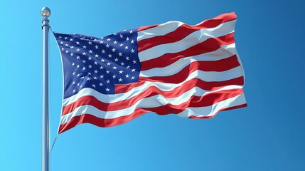 Obraz premium Waving American Flag against Clear Blue Sky, Symbolizing Patriotism and National Pride, Capturing Movement and Detail in Stunning Resolution