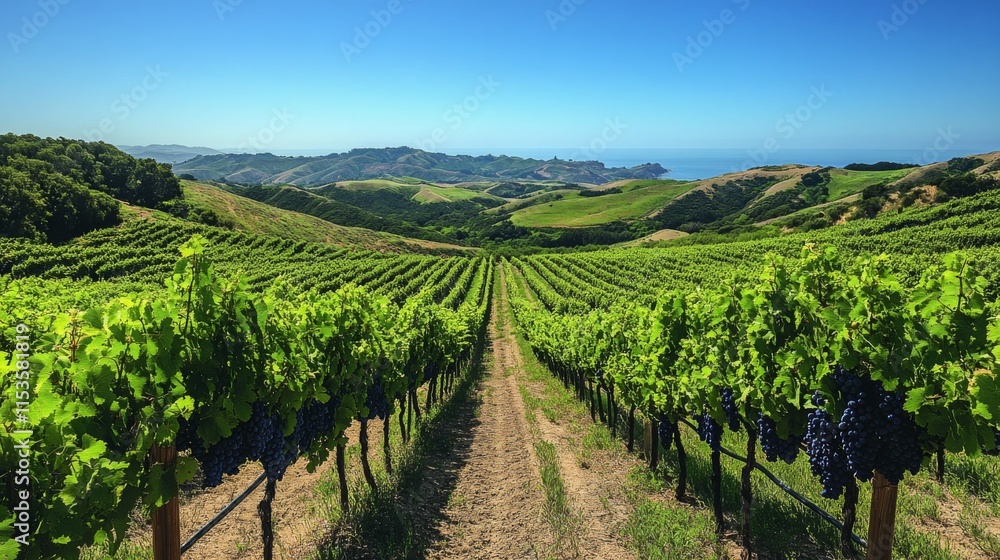 Poster rows of lush green grapevines stretch across rolling hills leading to a stunning ocean view. bright 