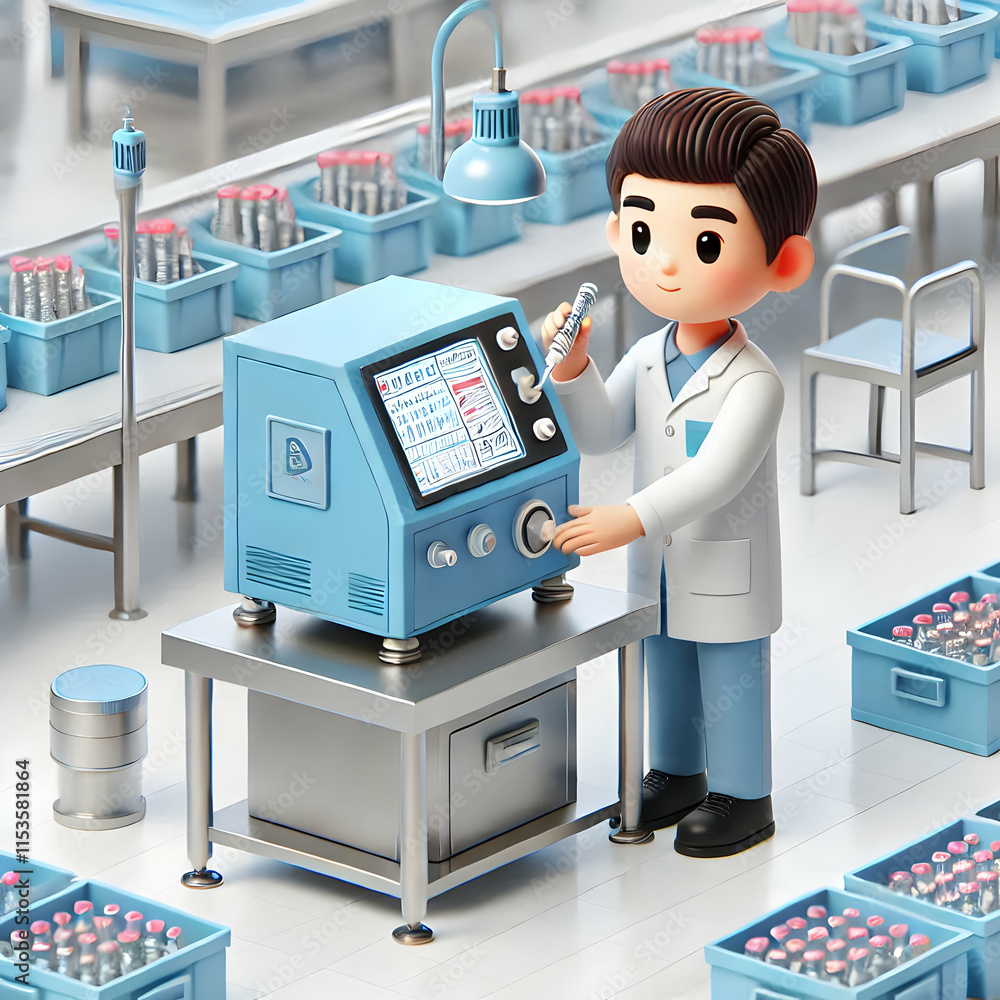 Aufkleber 3d technician calibrating sensors on automated packaging machine in cleanroom for industrial automat