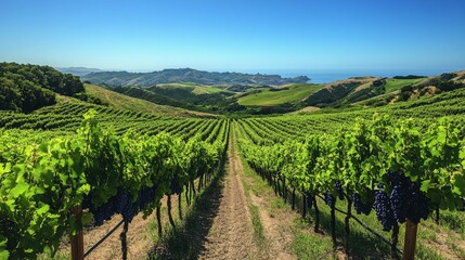 Rows of lush green grapevines stretch across rolling hills leading to a stunning ocean view. Bright sunlight illuminates the vineyard, highlighting the rich colors of the grapes.
