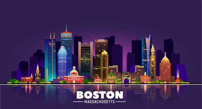 Boston ( Massachusetts, USA ) night skyline with panorama dark background. Vector Illustration. Business travel and tourism concept with modern buildings.