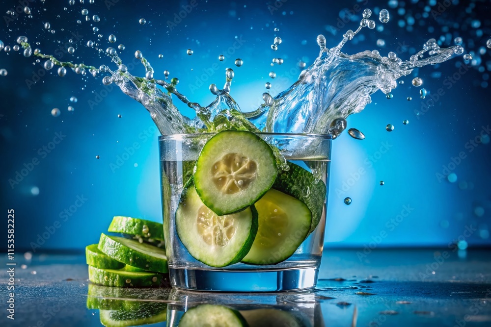 Poster refreshing cucumber slices falling into water - blue background stock photo