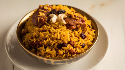 A photo of a bowl of rice biryani with a golden yellow color and a few pieces of meat visible.