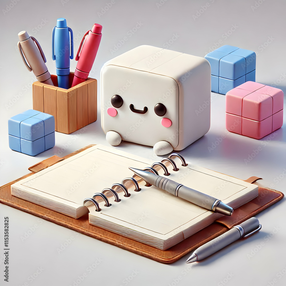 Poster 3d plain office desk with open notebooks and pens concept as a plain office background showing an op