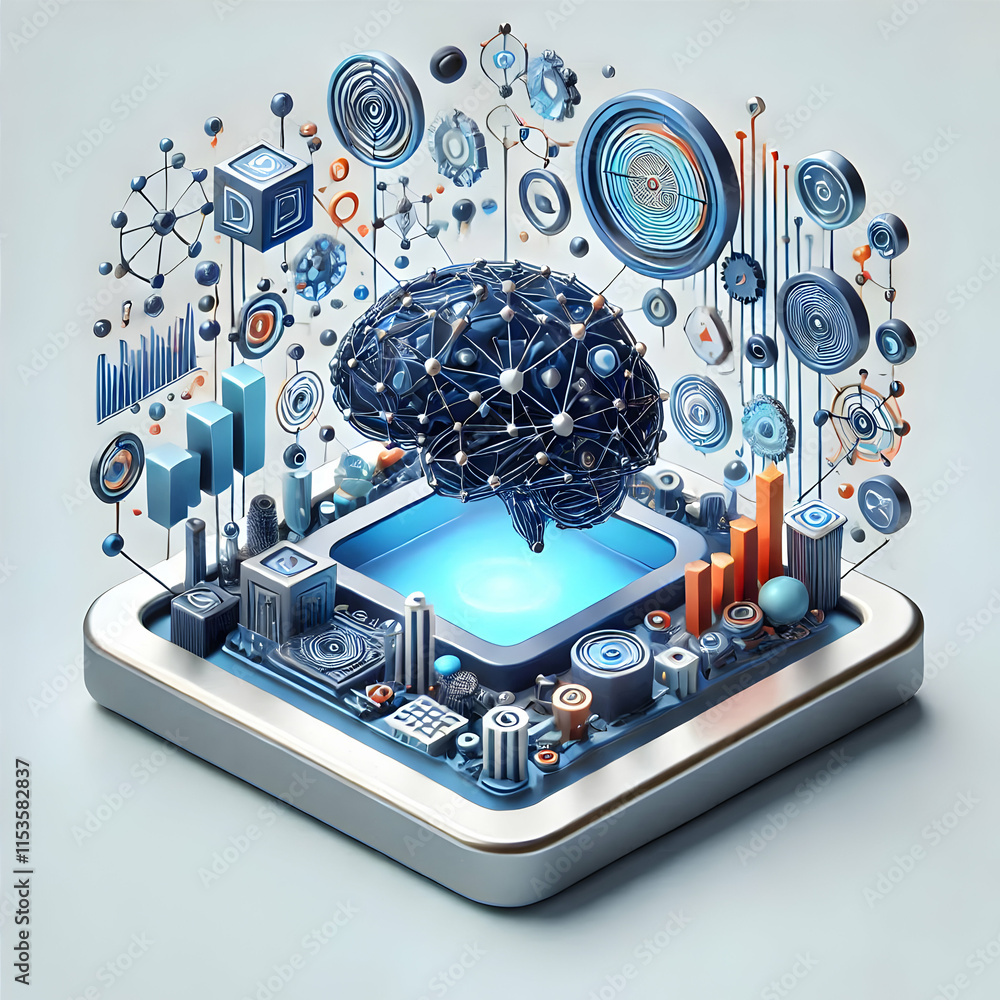 Aufkleber futuristic 3d digital border frame with floating neural network and data elements for skill building