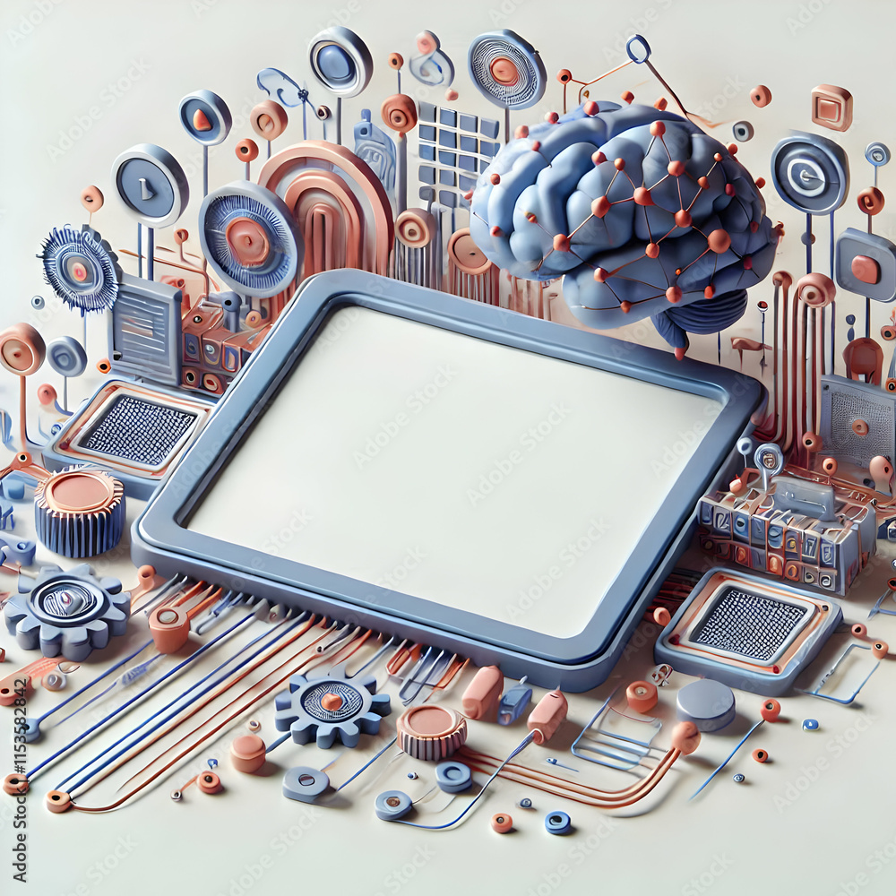 Aufkleber 3d digital border frame with floating neural network and data elements concept as a futuristic borde