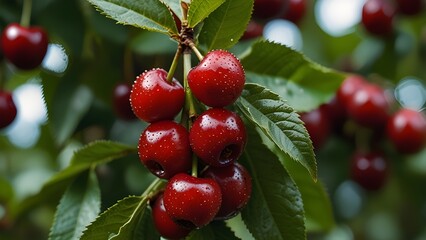 red cherries on the tree HD 8K wallpaper Stock Photographic Image Generative AI