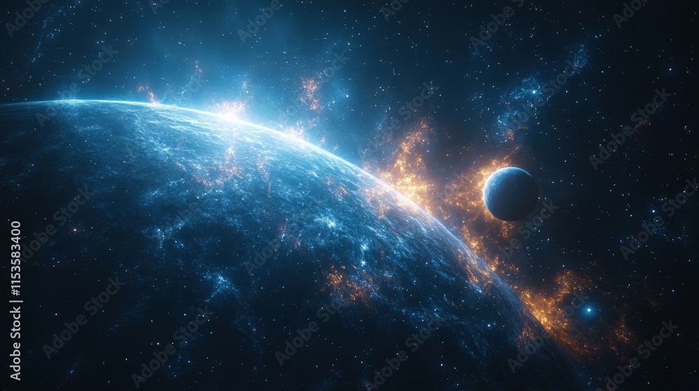 Poster cosmic scene depicting a planet with a fiery explosion and another planet nearby in space.