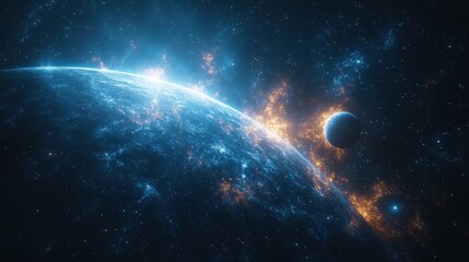 Obraz premium Cosmic scene depicting a planet with a fiery explosion and another planet nearby in space.