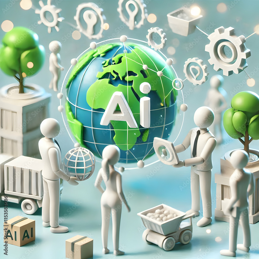 Poster 3d business team implementing ai for green supply chain in bokeh digital art copy space concept as a