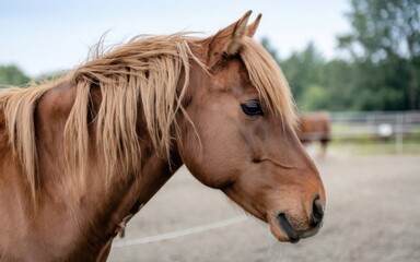 Obraz premium A close-up view of a brown horse showcasing its mane and expressive face