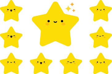 Cartoon Cute Stars Emoticon Avatar Face Positive Emotions Set Stock Vector. Kawaii star set