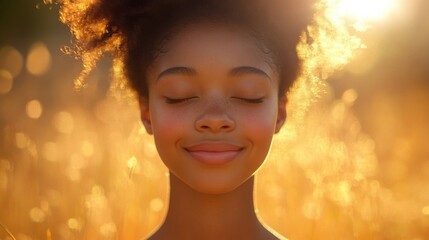 Fototapeta premium Serene Young Woman With Closed Eyes In Golden Sunlight