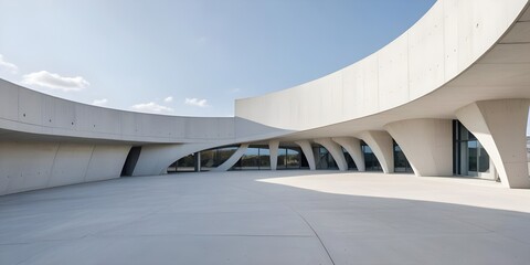Obraz premium A modern concrete building with a curved facade against a bright sky