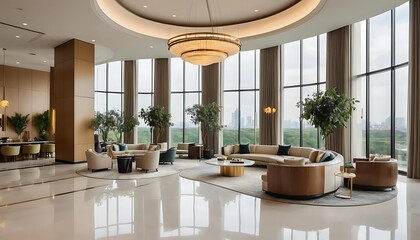 Fototapeta premium Luxurious Hotel Lobby Interior with Panoramic City View