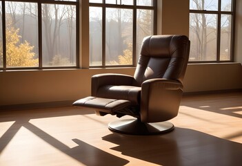 A brown recliner in a room with large windows , sunlight streaming in and casting shadows on the floor