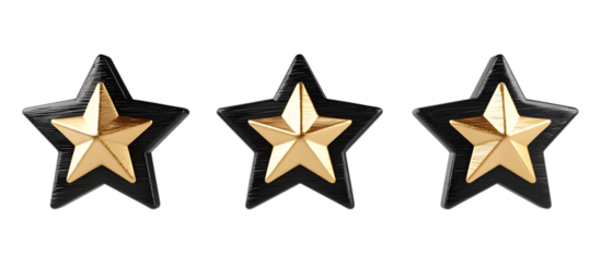 Three gold stars on a black wooden pedestal, presented as awards, on a transparent background