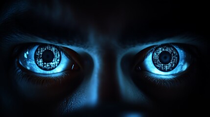 Close-up of angry eyes with digital code.