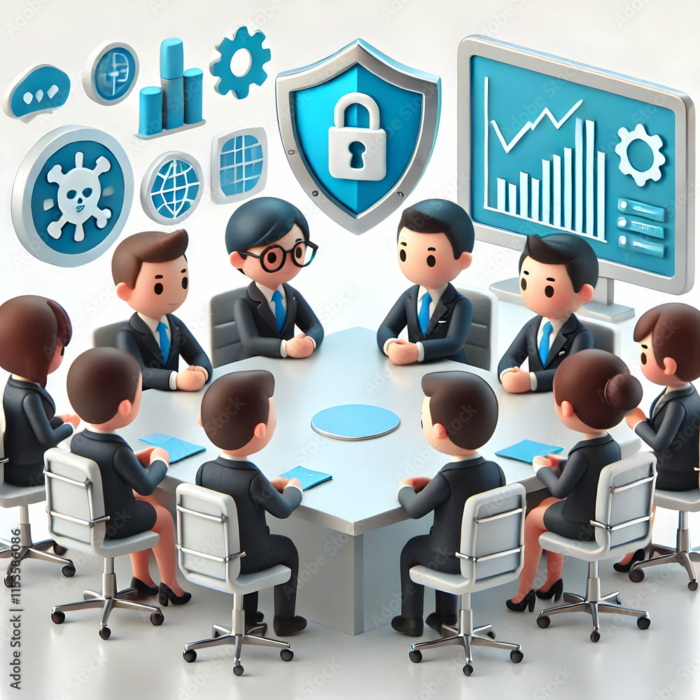 Poster 3d business executives discuss cybersecurity strategies in boardroom with ample copy space