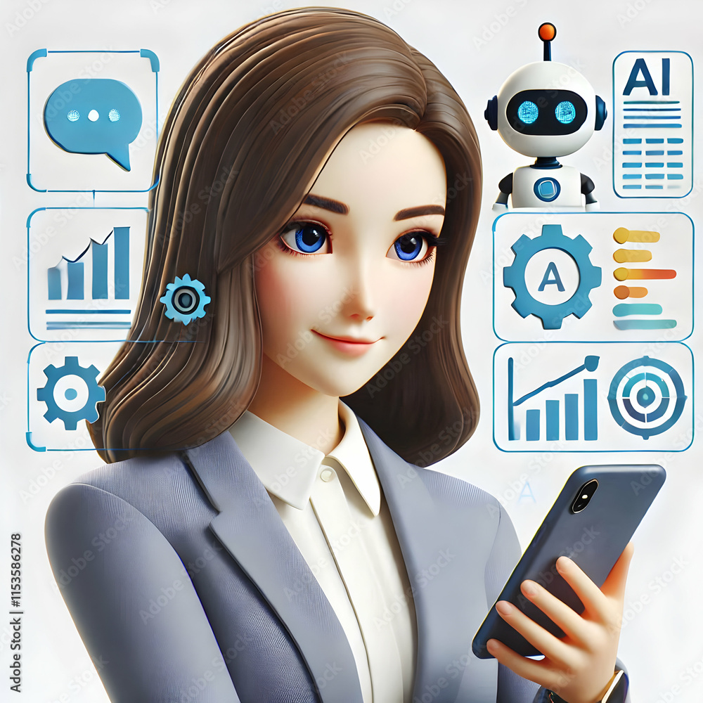 Poster 3d businesswoman using ai driven marketing automation tools in macro portrait copy space concept as 