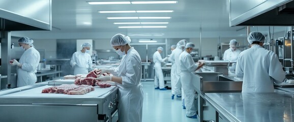 A busy meat processing facility with workers preparing and handling meat products.