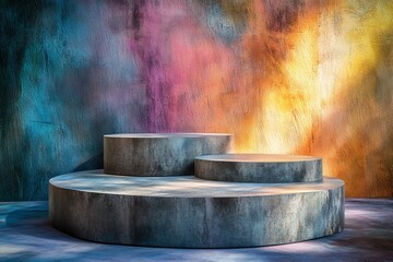 Three circular concrete podiums against a colorful textured wall.