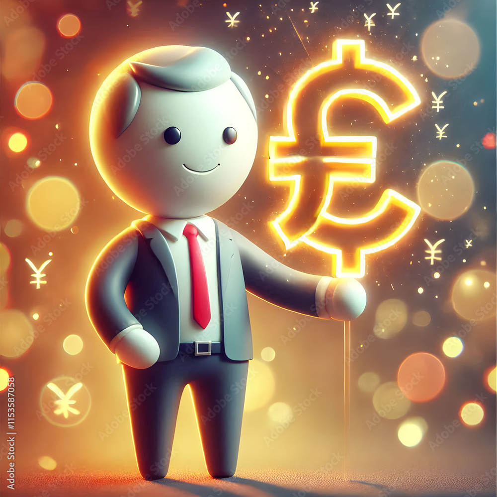 Poster 3d businessman holding a glowing currency symbol with bokeh background concept as a soft abstract di