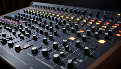 Obraz premium A professional audio mixing console with numerous knobs, sliders, and buttons in a dimly lit recording studio environment
