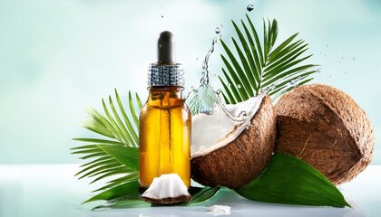 coconut splashing mct oil with tropical leaves for natural health