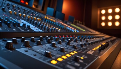 Fototapeta premium A professional audio mixing console with numerous knobs, sliders, and buttons in a dimly lit recording studio environment