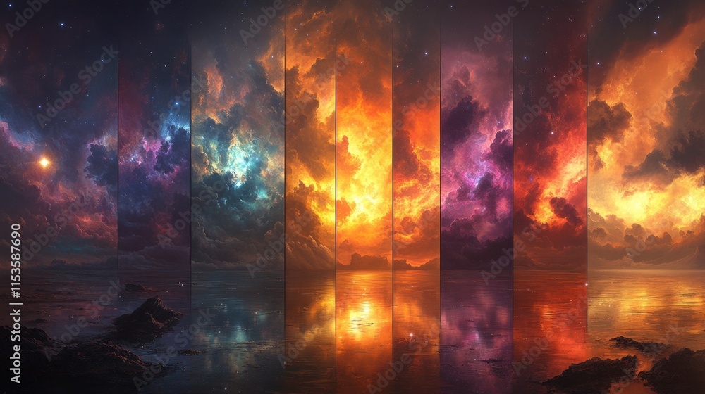 Poster colorful celestial landscape reflected in still water, showing a vibrant array of hues and cosmic el