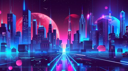 A futuristic cityscape with a neon glow and two planets in the background.