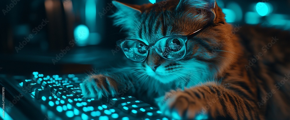 Poster a cat wearing glasses types on a keyboard in a colorful, tech-inspired setting.