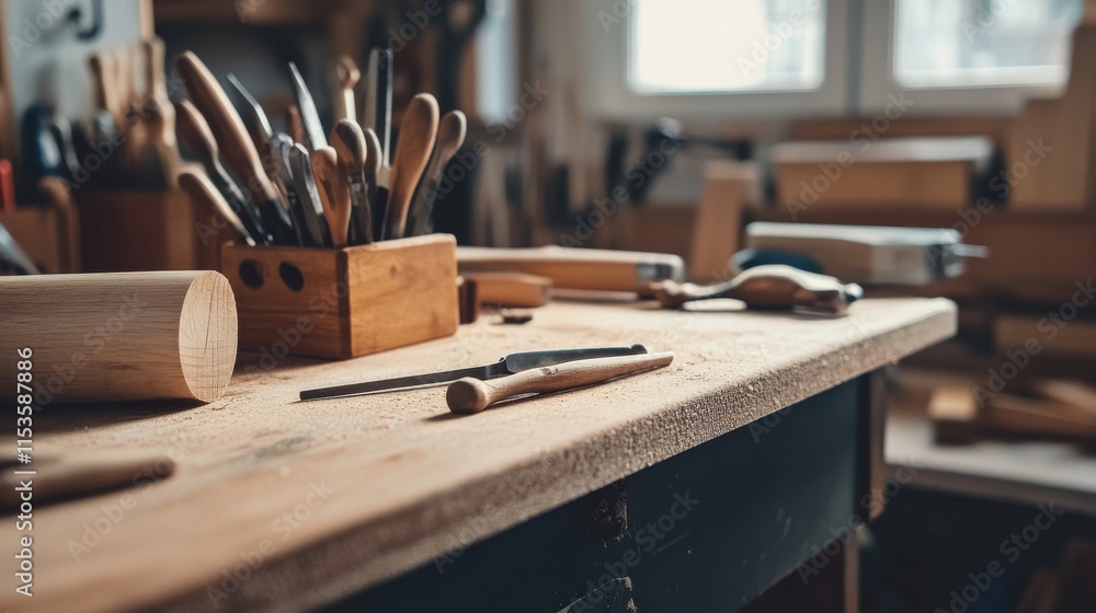 Poster a tidy wood carving bench with chisels and a block of wood neatly set up, a well-lit workshop with c