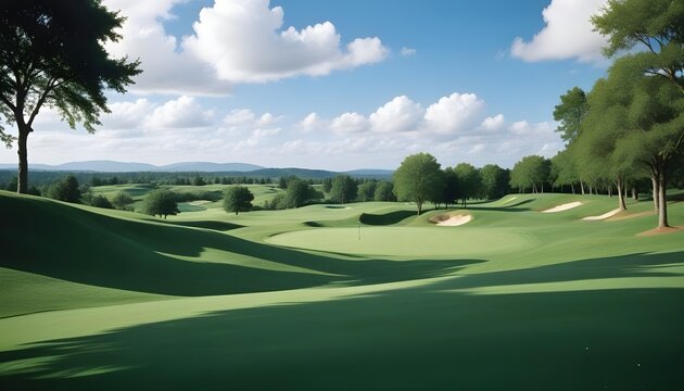 A lush green golf course with rolling hills, trees, and a cloudy blue sky