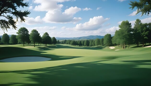 A lush green golf course with rolling hills, trees, and a cloudy blue sky