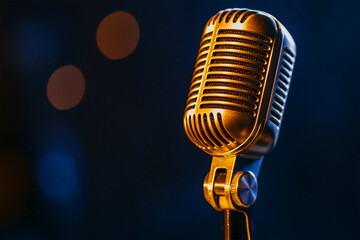 vintage microphone of the lights and golden microphone