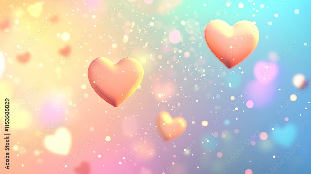 Poster floating hearts and bokeh background in soft pastel colors
