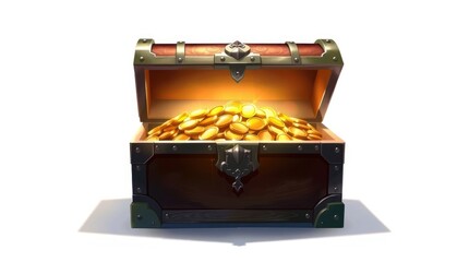 Nestled in a warm glow, a chest brims with shimmering gold coins, sparking imagination about lost treasures and daring escapades in distant lands
