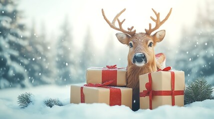 Reindeer with Christmas gifts in snowy forest.