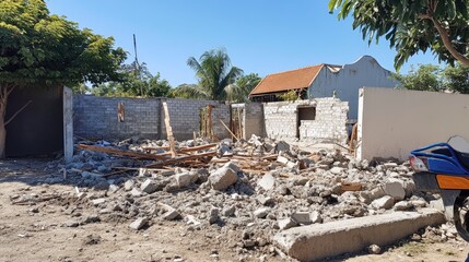 Destruction of a Building with Debris and Rubble Under Clear Sky