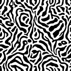 Abstract Zebra Print: Stylish black and white seamless pattern with organic, flowing lines reminiscent of zebra stripes. Perfect for fashion, textile, and design projects. 