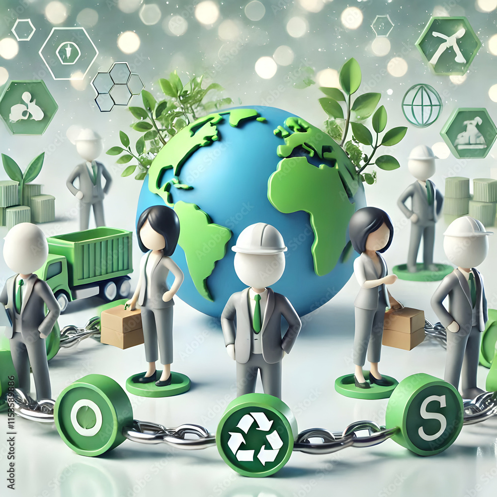 Poster 3d business team optimizing green supply chain in realistic setting with copy space for sustainable 